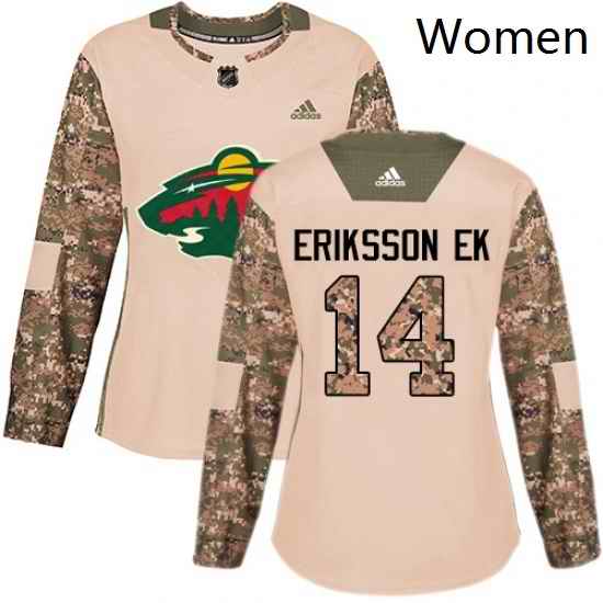 Womens Adidas Minnesota Wild 14 Joel Eriksson Ek Authentic Camo Veterans Day Practice NHL Jersey